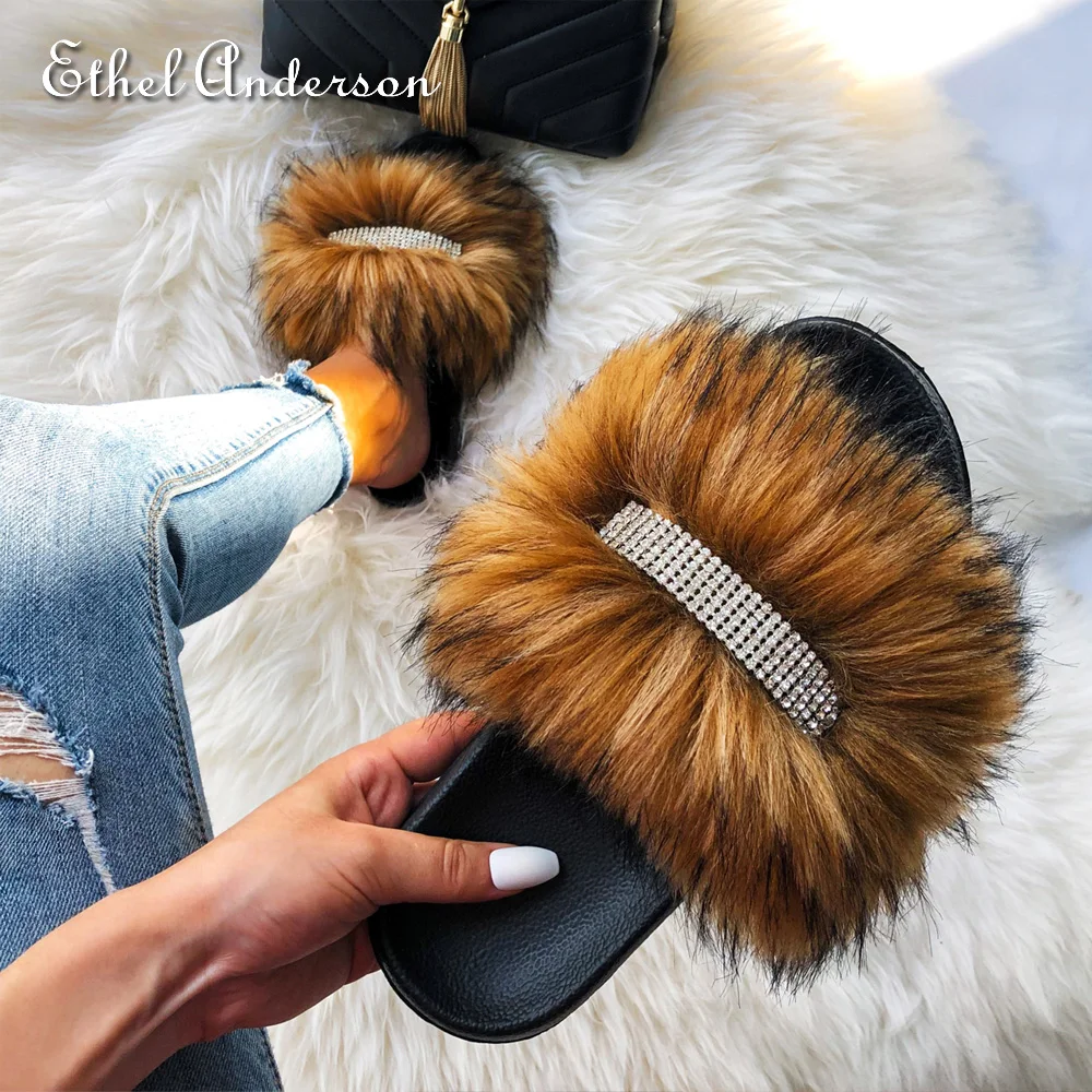 Women's Faux Furry Fur slides Fur Flip Flops Female Slippers Rhinestones Decoration Style Footwear Woman Famous Brand Shoes