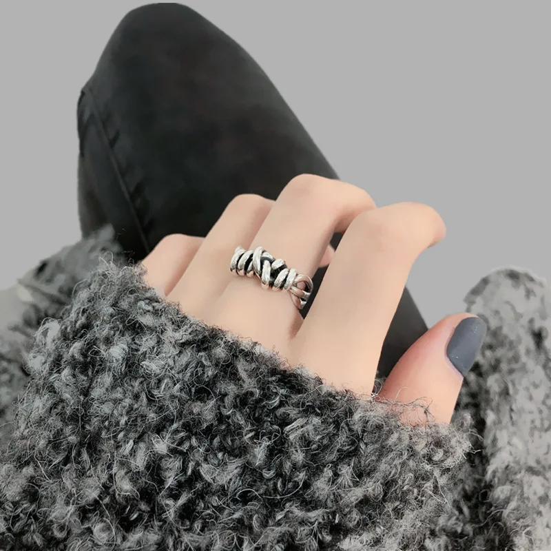 Foxanry Silver Color Vintage Woven Winding Rings for Women Line Knotted Opening Thai Silver Finger Ring Jewelry Creative