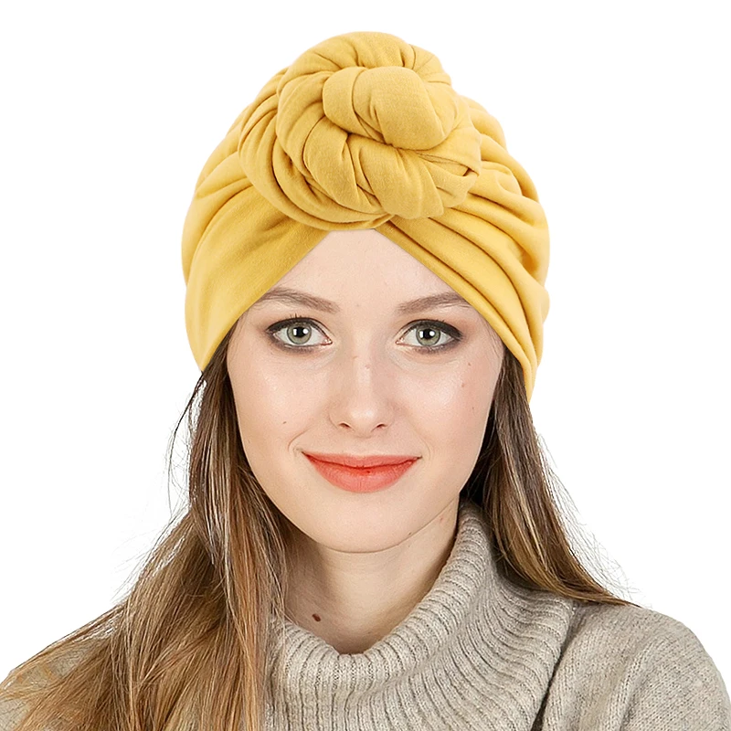 

New Women's 3D Twisted Knot Turban Hat Solid Color Large Flower Elastic Muslim Chemo Hat Elegant Pleated Beanies Headscarf