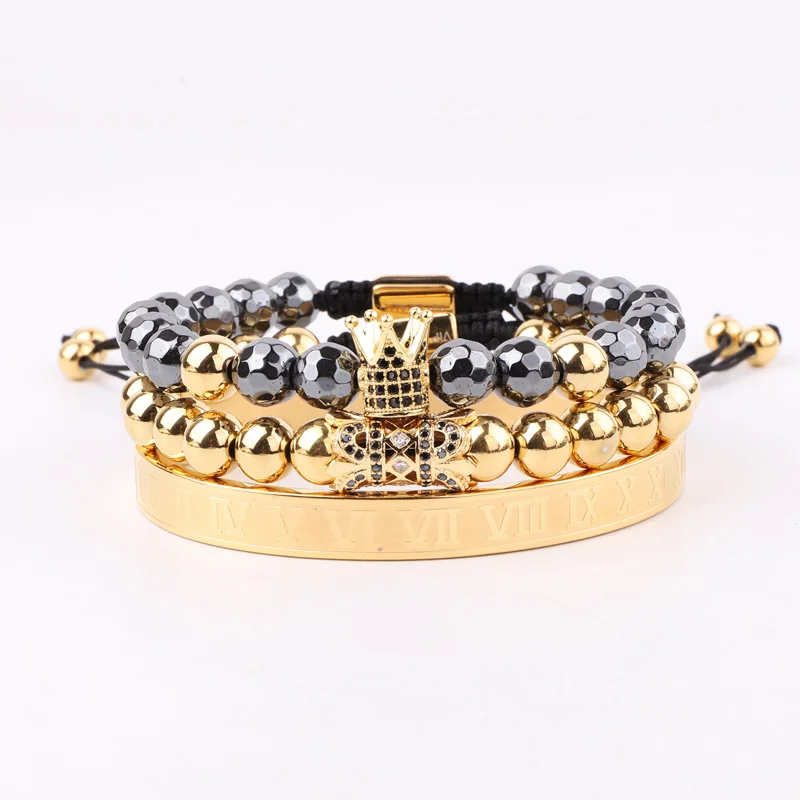 

New Design High Quality Hematite Beads 316L Stainless Steel Roman Bangle CZ Pave Crown Charms Bracelet Set Men Jewelry Gift