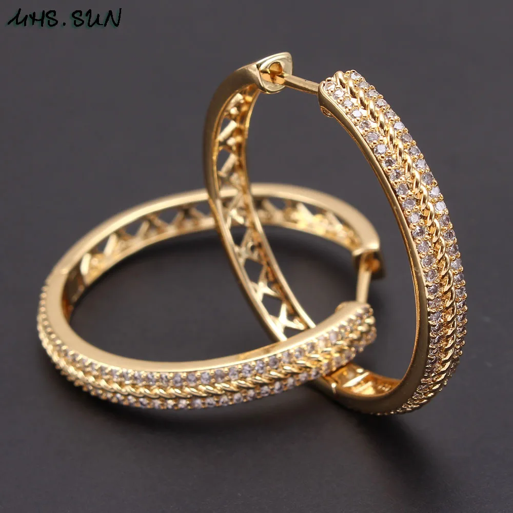 MHS.SUN Hollow Design Women Luxury Round Hoop Earrings Fashion Cubic Zirconia Gold Color Jewelry For Party Gift 1Pair Dropship