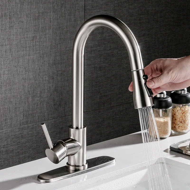 

Kitchen Sink with Chassis Brushed Faucet Pull-out Hot and Cold Household Sink Faucet Kitchen Retractable Rotating Sink Faucet