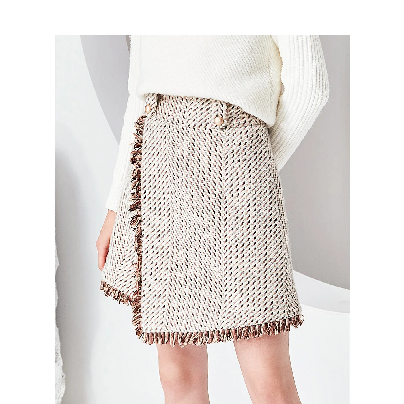 New autumn and winter new woven coarse woolen skirt female high waist fringed irregular A-line skirt