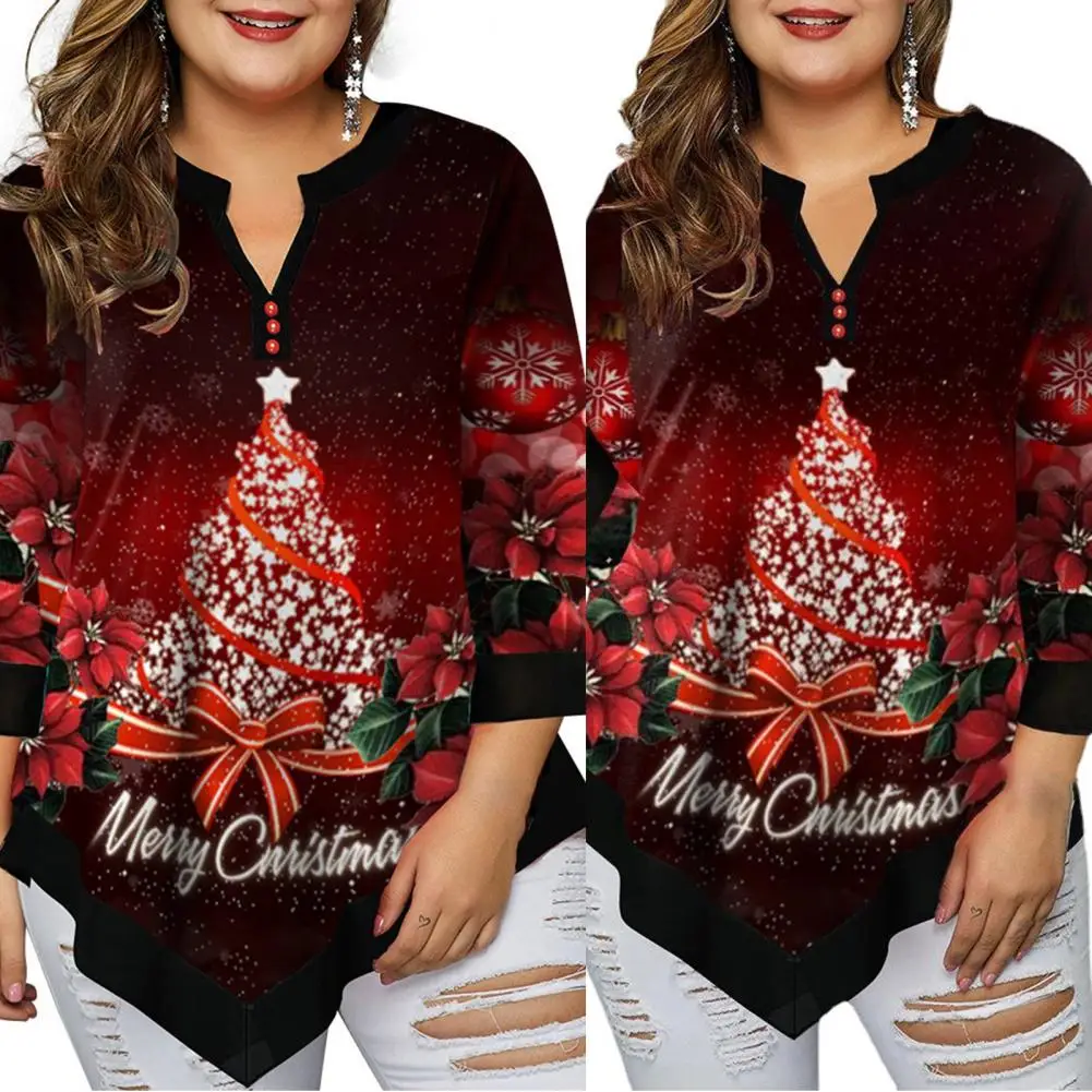 Blusa con cuello en V para mujer, camisa de manga tres cuartos con estampado navideño, de talla grande, para fiesta y navidad, invierno, 2021