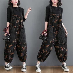 Loose Jeans Black Jumpsuit Women Casual Oversized Baggy Cargo Pants Big Pockets Print Floral Denim Overalls Straps Jean Rompers