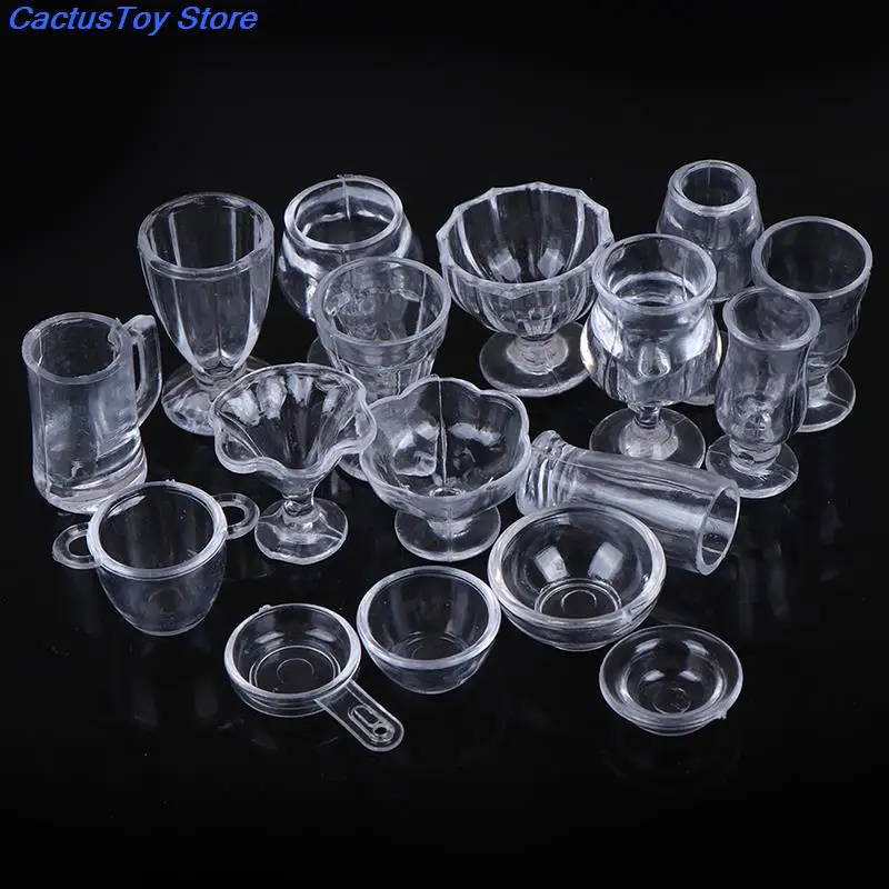 17ピース/セット1:12ドールハウスドリンクカップ皿食器ミニチュアミニ透明diyふり再生キッチン玩具
