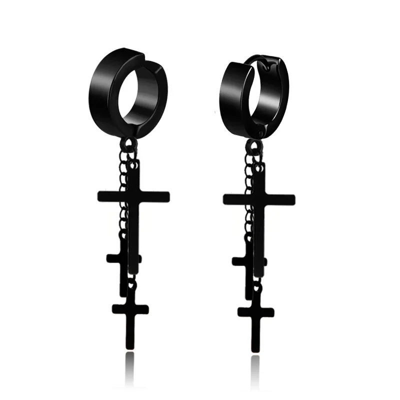 1Pc Stainless Steel Cross Pendant Earrings For Women/Man Three Crosses Chain Tassel Ear Clip Earrings Hip-hop Gothic Ear Jewelry