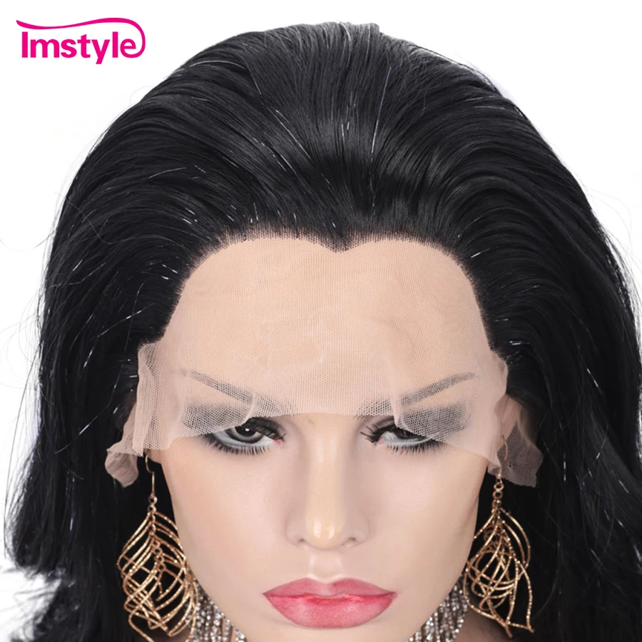 Imstyle Tinsel Wigs Black Brown Synthetic Lace Front Wig Long Natural Wavy Wigs For Women Party Glitter Wig