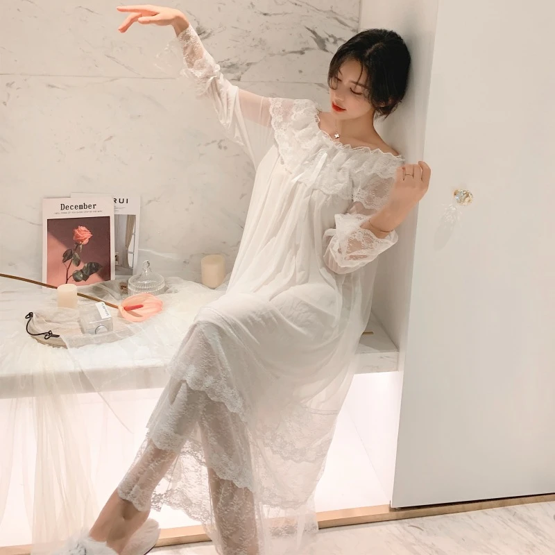 

Home Service Loose Sleepwear Sweet Nightdress Female Summer Palace Style Bathrobe Sexy Lace Long-sleeved Home Skirt