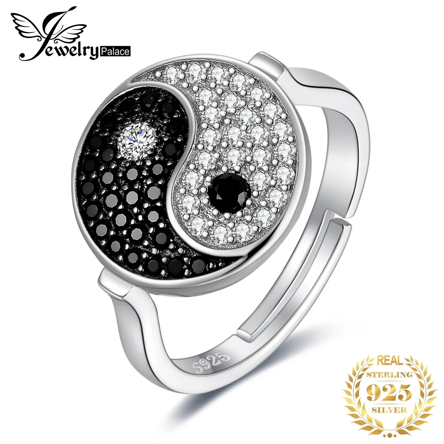 JewelryPalace Tai Chi Yin Yang 925 Sterling Silver Adjustable Ring Unique Genuine Black Spinel Statement Open Rings for Women