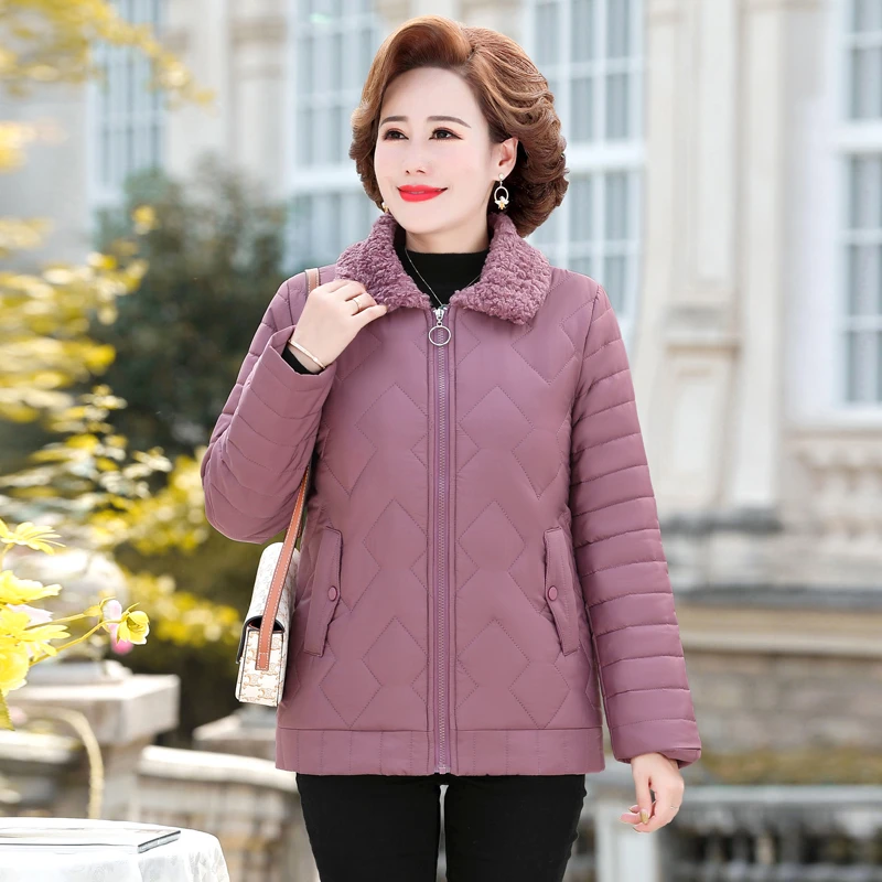 Winter Jacket Women Solid Plus Velvet Cotton Padded Coat  Thicken Short Lamb fur collar Jacket Middle-aged Female