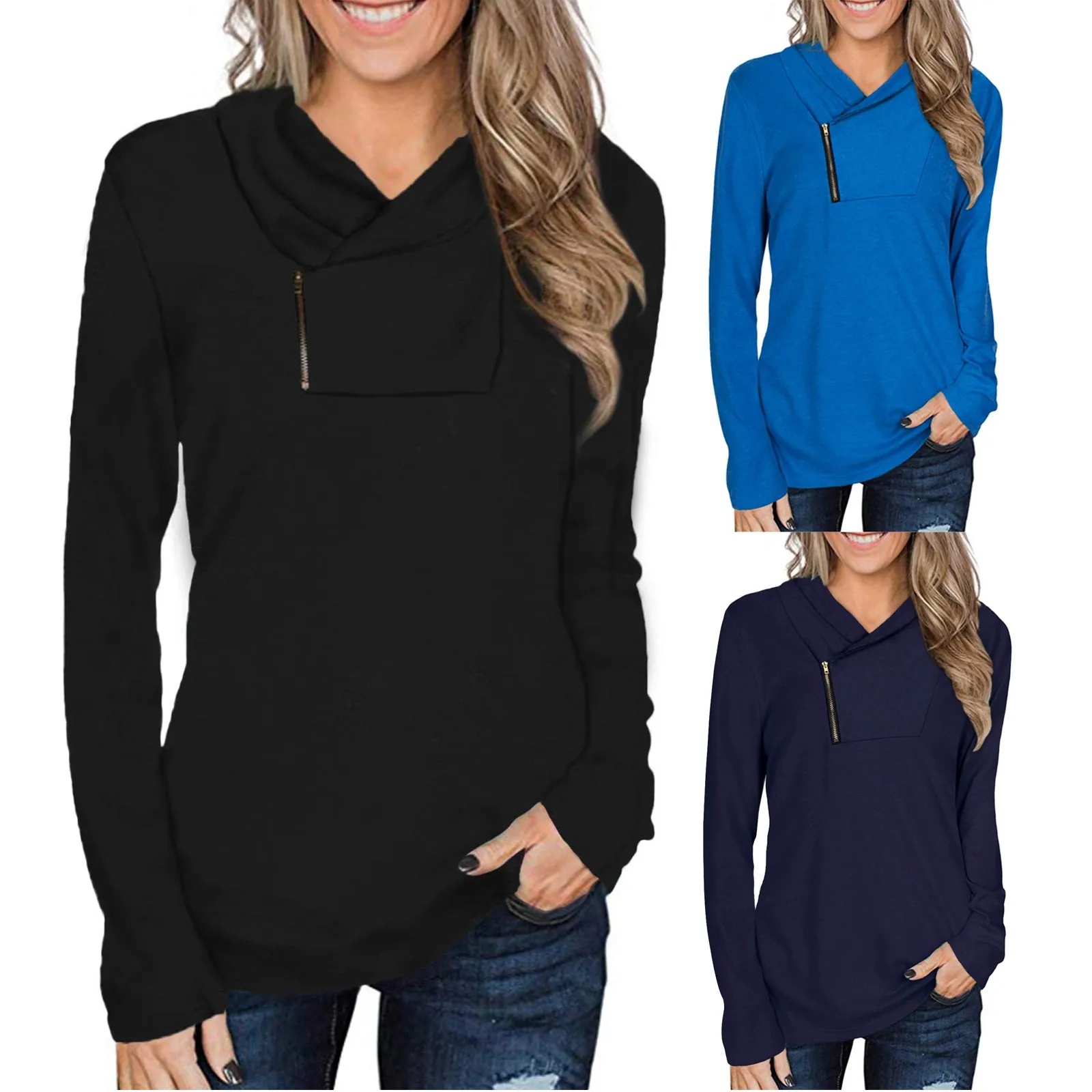 

Fashion Zipper Slim Tunic Blouse Shirt Solid Turtleneck Tops Tee Casual Winter Ladies Female Women Long Sleeve Blusas Pullover