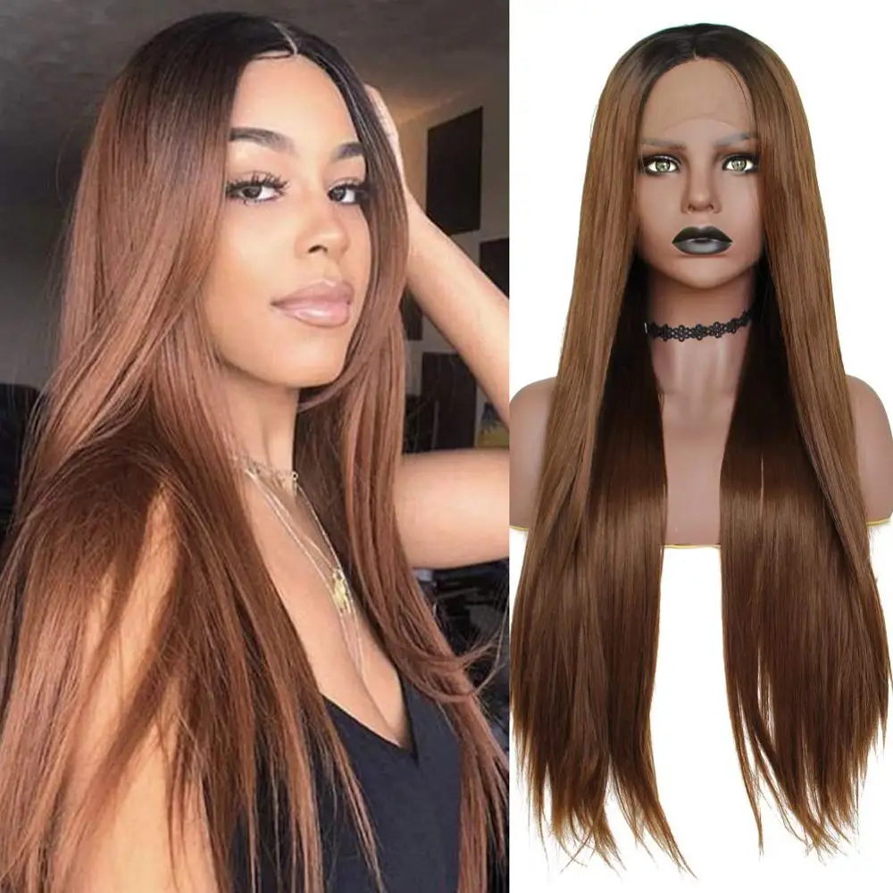 Dlme Ombre Rechte Bruin Synthetische Lace Front Pruik Natuurlijk Haar Pruiken Voor Vrouwen Hoge Temperatuur Fiber Daily Pruik