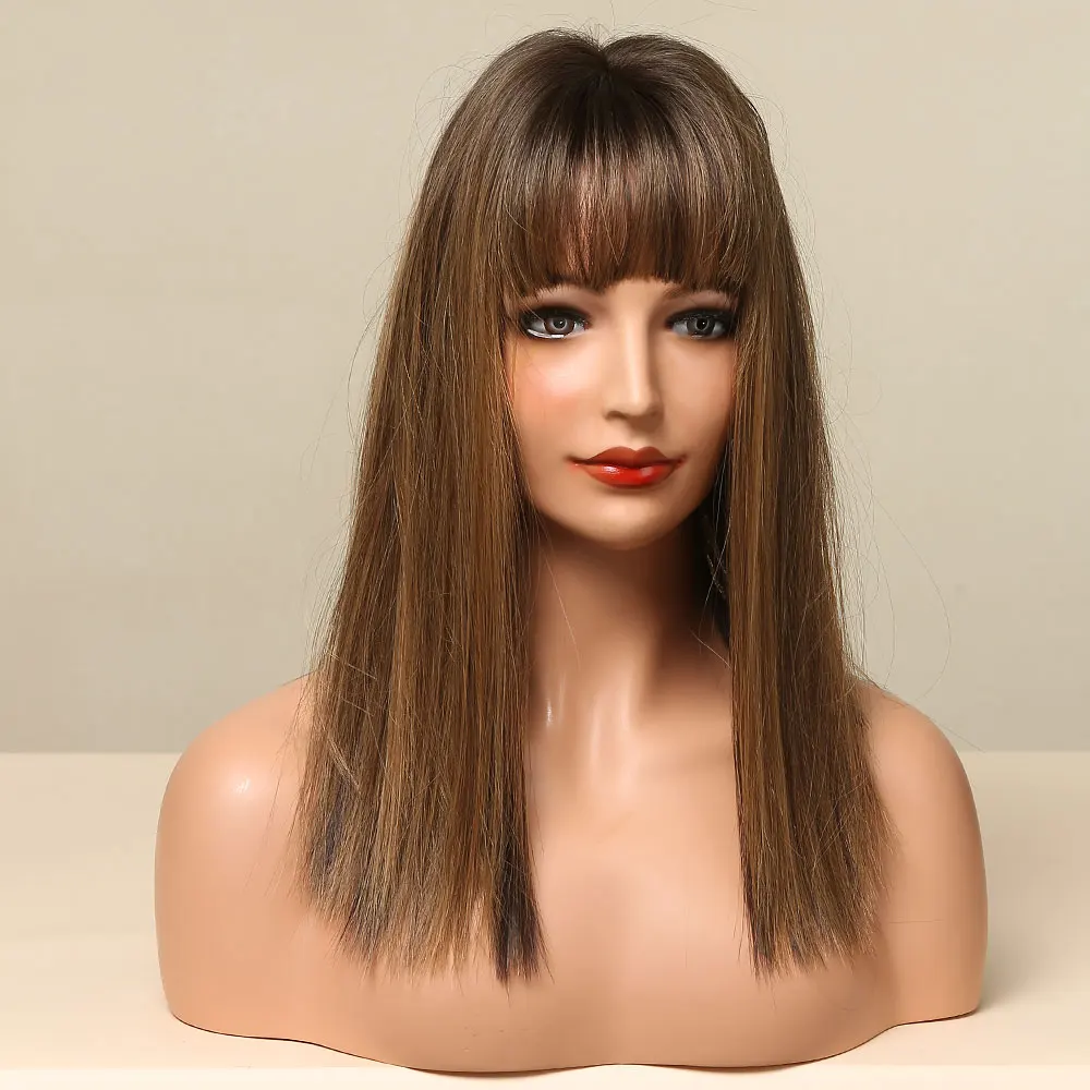 GEMMA Medium Straight Bob Synthetic Wigs with Bangs Ombre Black Dark Brown Honey Highlight Wigs for Women Heat Resistant Hair