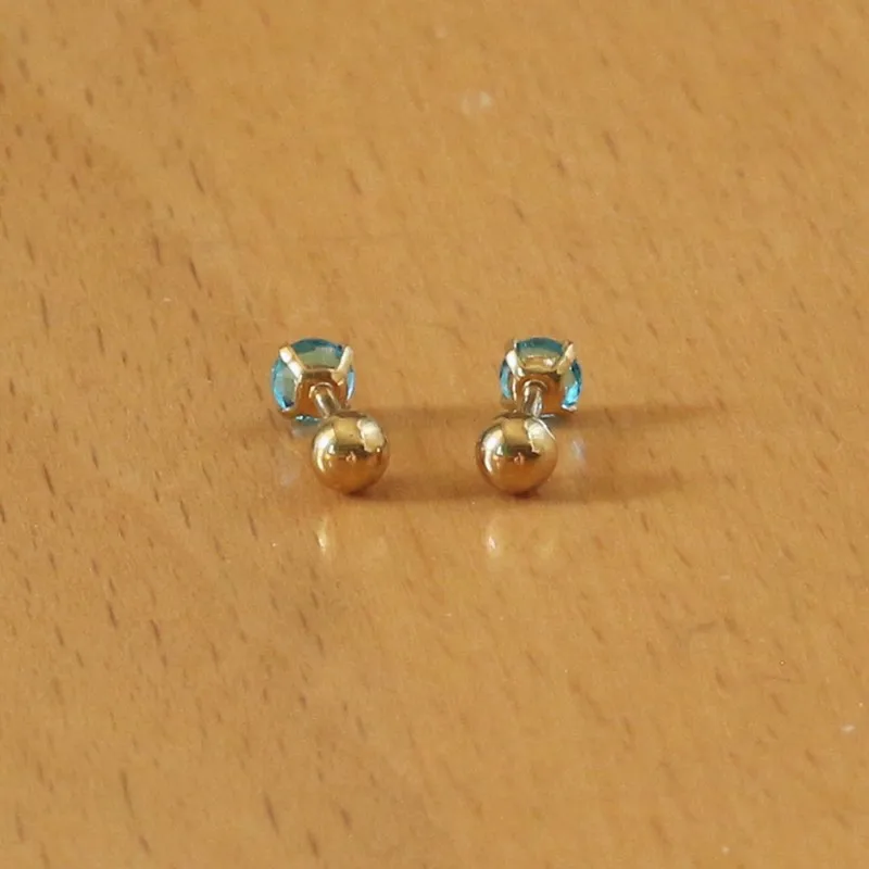 Titanium Gold-color Plated Screw Stud Earrings With Mini 4mm Ocean Blue AAA Zircon 316L Stainless Steel No Fade Allergy