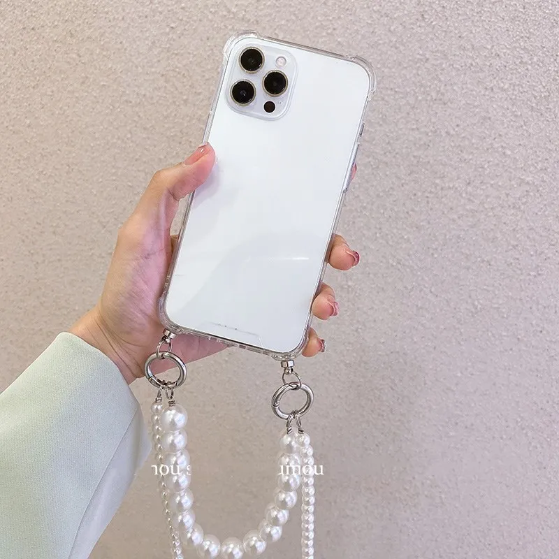 Cute double Pearls Crossbody Strap Necklace Wrist Chian case For iPhone 15 13 14 Pro 11Pro MAX 7 8 Plus XR XS 12 Mini SE 2020