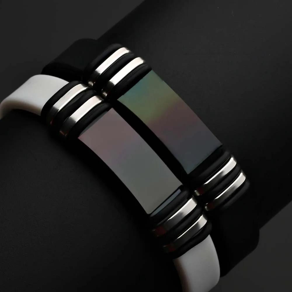 2024 Trend Jewelry Vintage Black Glossy Stainless Steel Silicone Bracelet Cuff Rubber Bracelet For Men\'s Pulsera Hombre