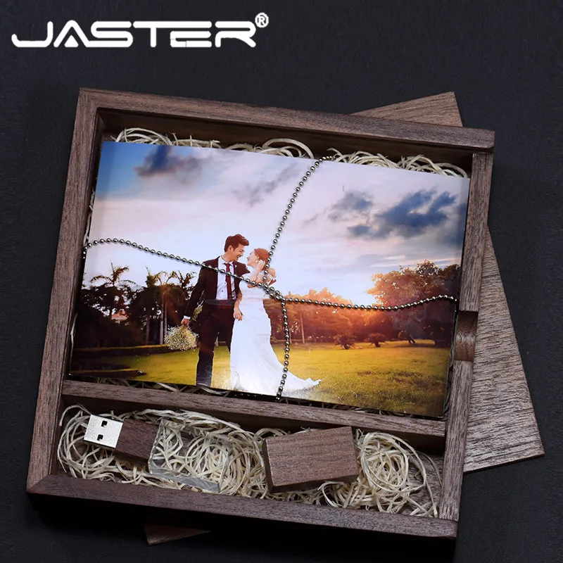 

JASTER USB2.0 walnut wood box flash disk crystal pen drive 4G 8G 16G 32G 128GB 64G U disk Wedding Photography commemorative gift