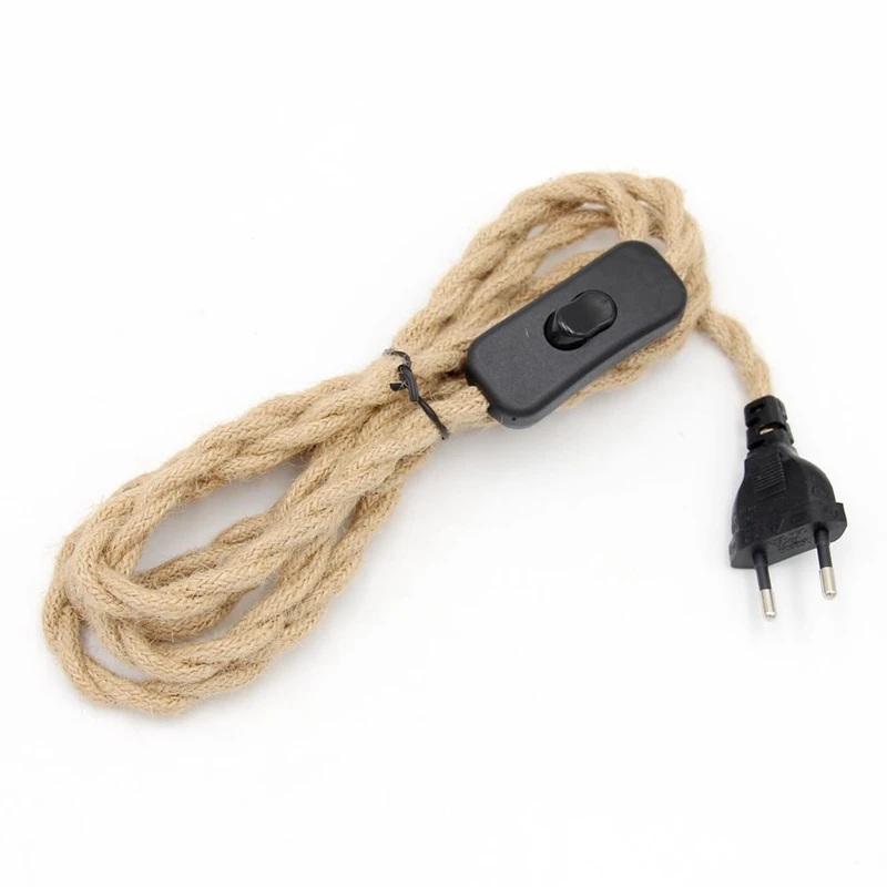 220V AC Euro Plug Power Cord Vintage Hemp Jute Rope Braided Covered With On/off  Switch 2 Meters Long For Wall Lamp Cords Cable