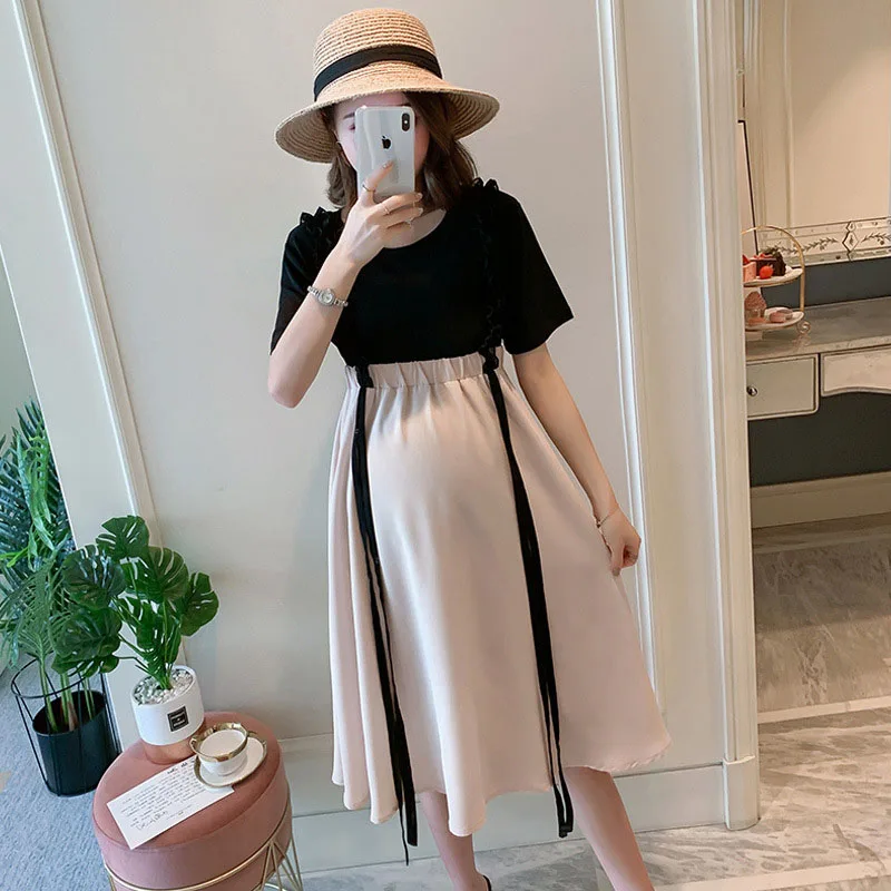 Summer Pregnant Women Noble Fashion Outing Suit Stretch Thin T-shirt Two-piece Temperament Strap Chiffon Breastfeeding Dress