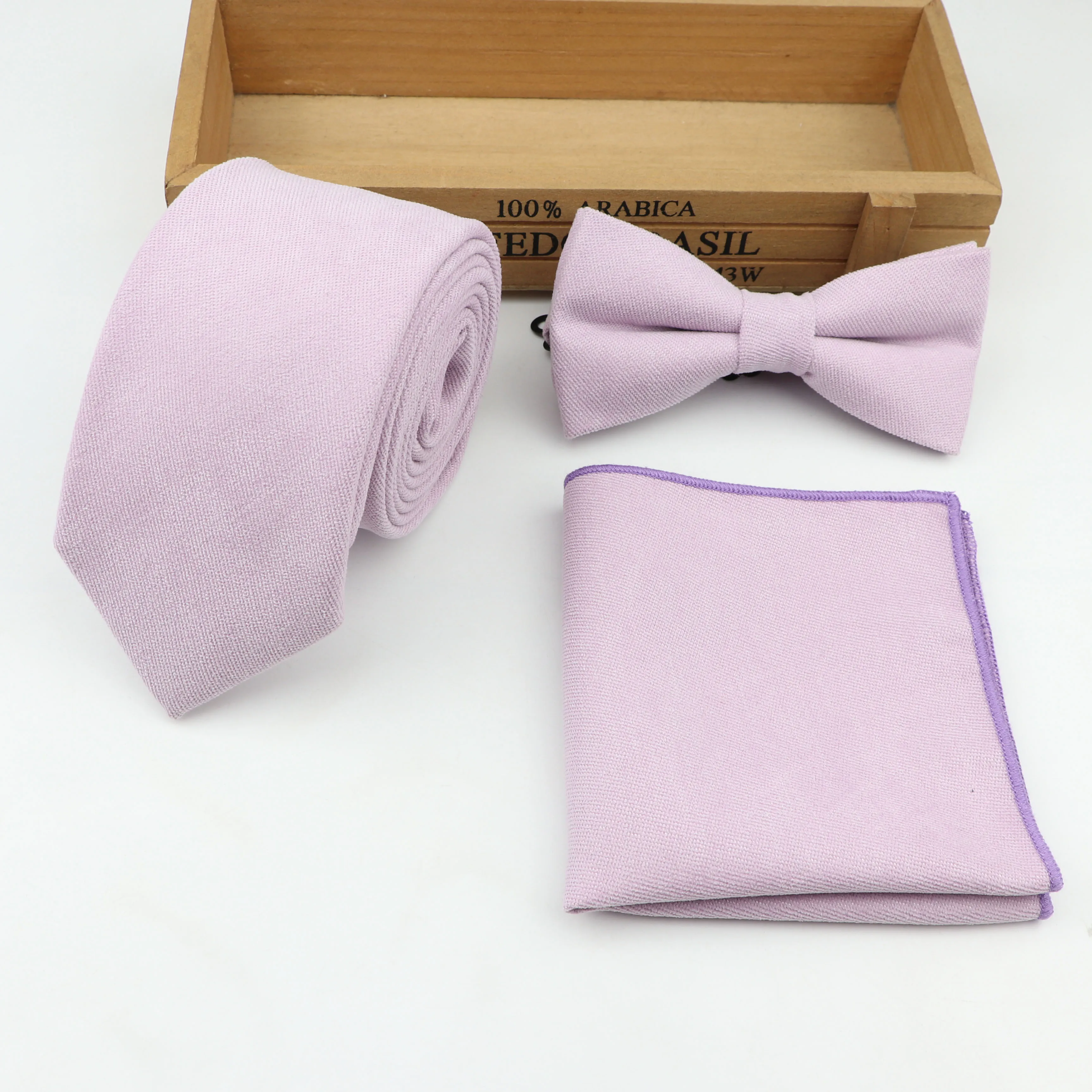Men's Soft Microsuede Tie Bowtie Pocket Square Set Solid Color Narrow 7cm Width Necktie Butterfly Handkerchief 3 pcs Lots