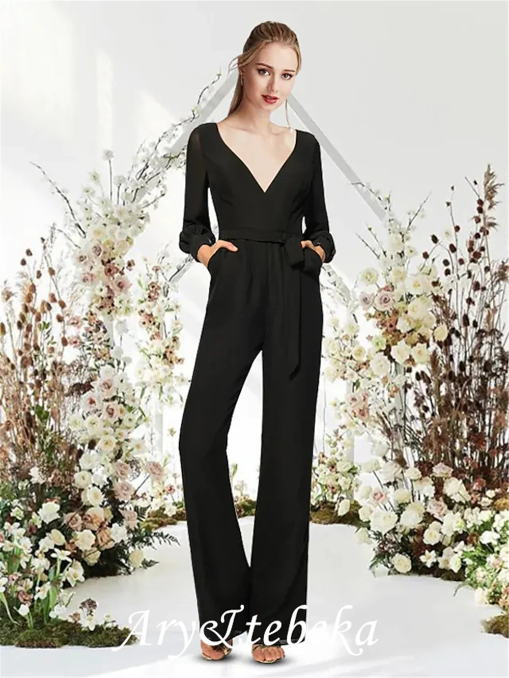 Jumpsuits império minimalista casamento convidado vestido de baile com decote em v manga longa até o chão chiffon com elegante 2022