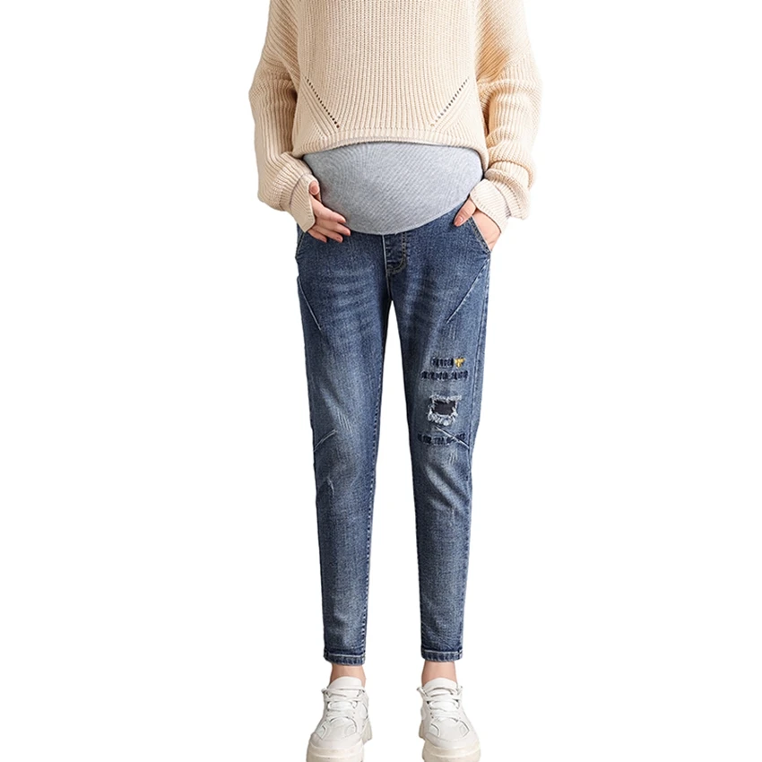 Autumn and winter embroidered pregnant women pants new outer wear jeans fashion loose casual feet pants autumn clothing