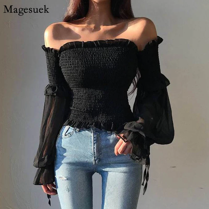 Sexy Off Shoulder Summer Blouse Women Spring Puff Sleeve Pleated Lace Up Casual Shirt Slim Solid Ladies Corset Tops Blouse 12813