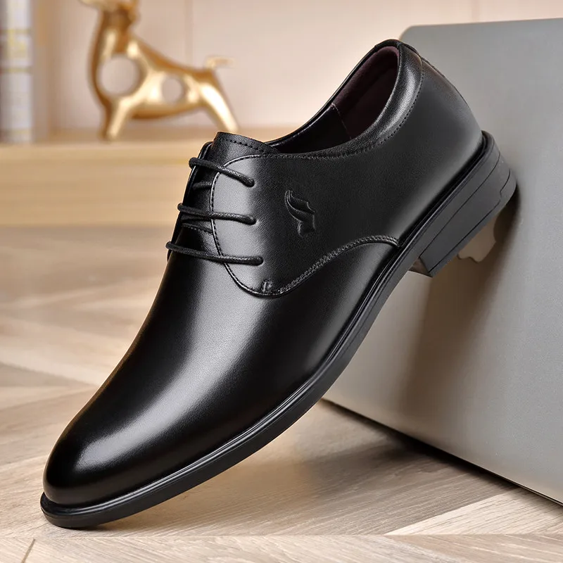 New  Fashion  Genuine Leather Concise Men Business Round Toe Black Shoes Breathable Formal Wedding Basic Shoes Men Dress Shoes