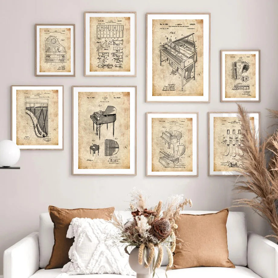 Piano Patent Musical Instrument Nordic Vintage Poster Wall Art Prints Canvas Painting Wall Pictures For Living Music Room Decor