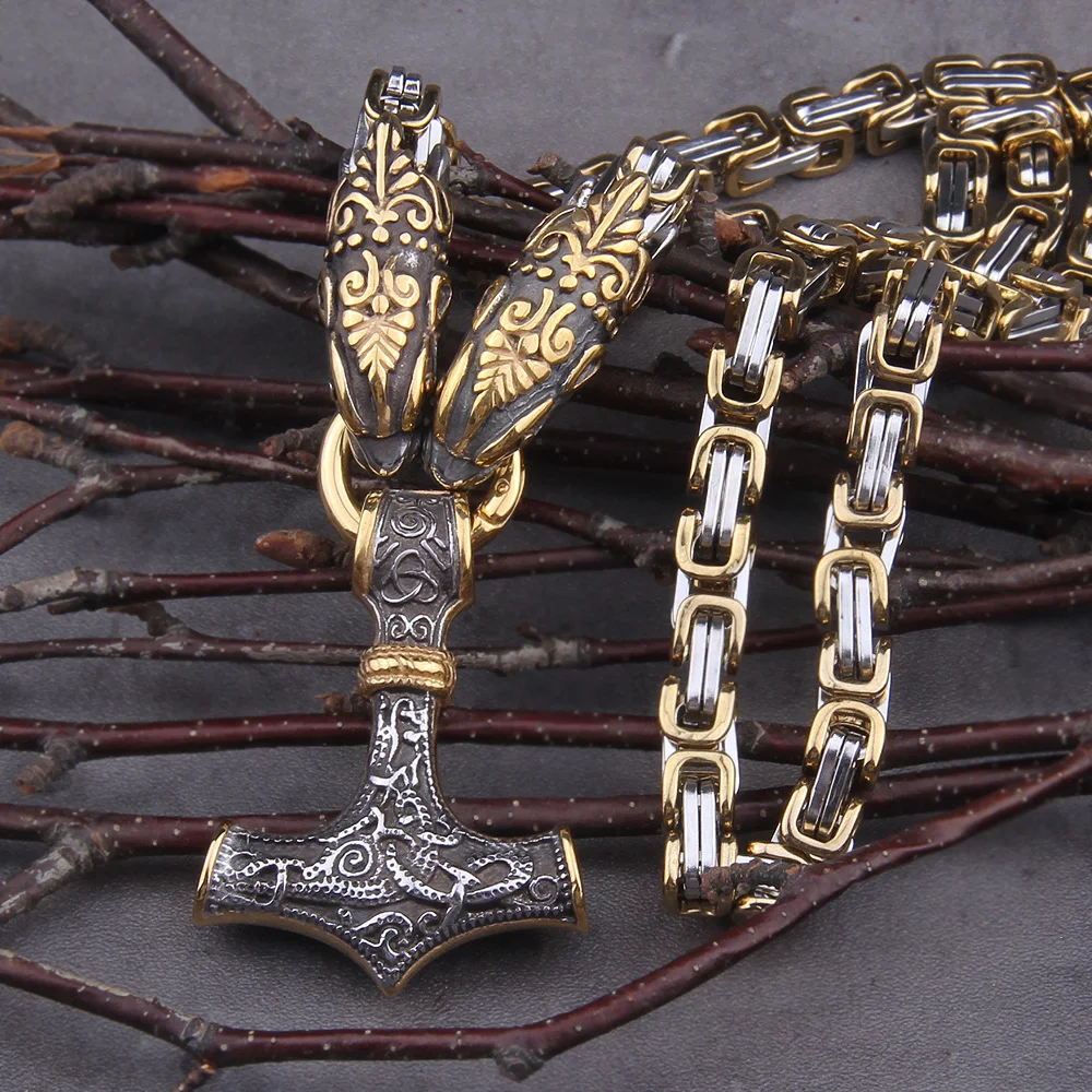 Image of Männer Edelstahl Drachenkopf nordisch Wikinger Amulett Thor Hammer Anhänger Halskette Wikinger König Kette nie verblassen