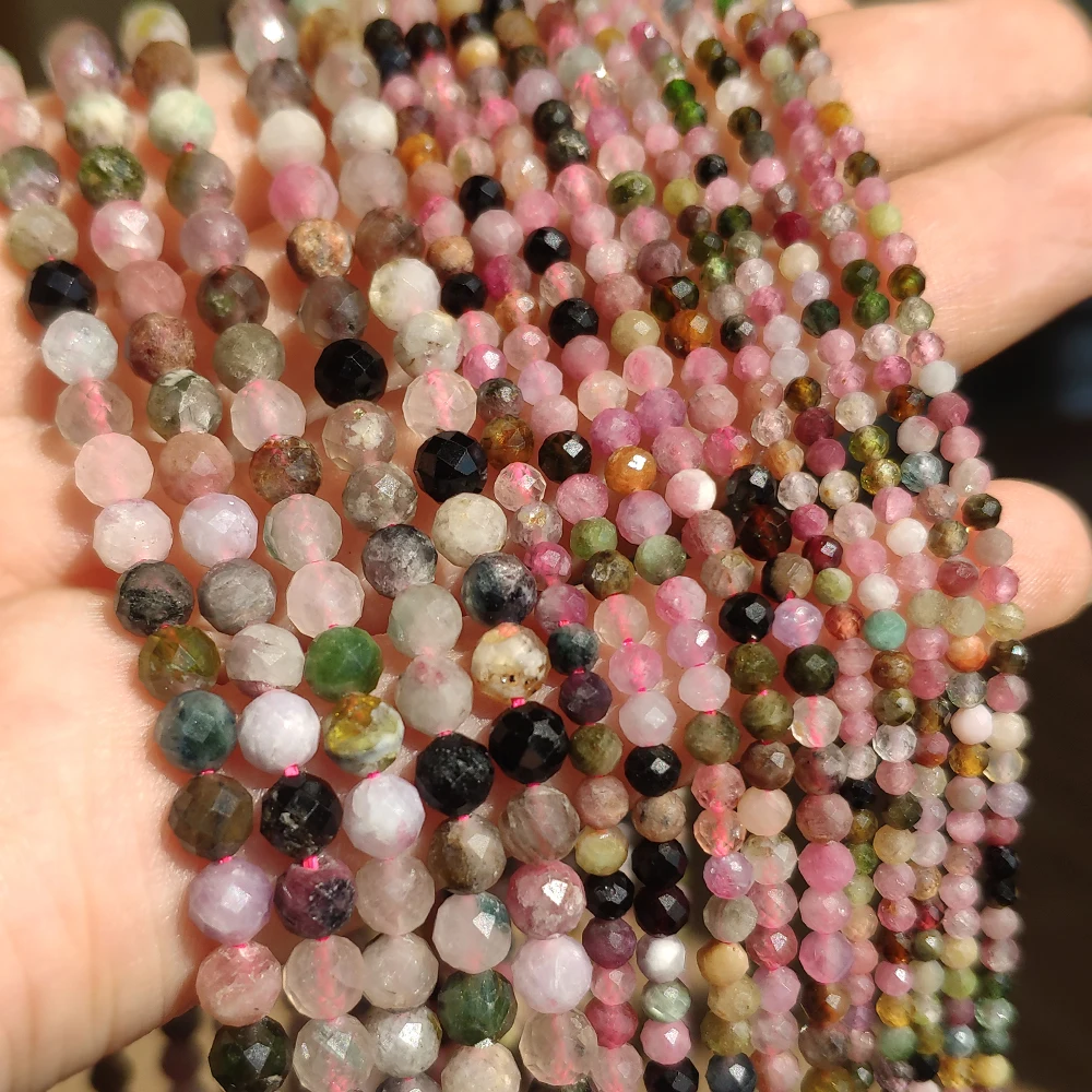 Natural Tourmaline Faceted Mineral Loose Beads for Jewelry Making DIY Christmas Gift Bracelets 15\'\' Tiny Stone Bead 2/3/4mm