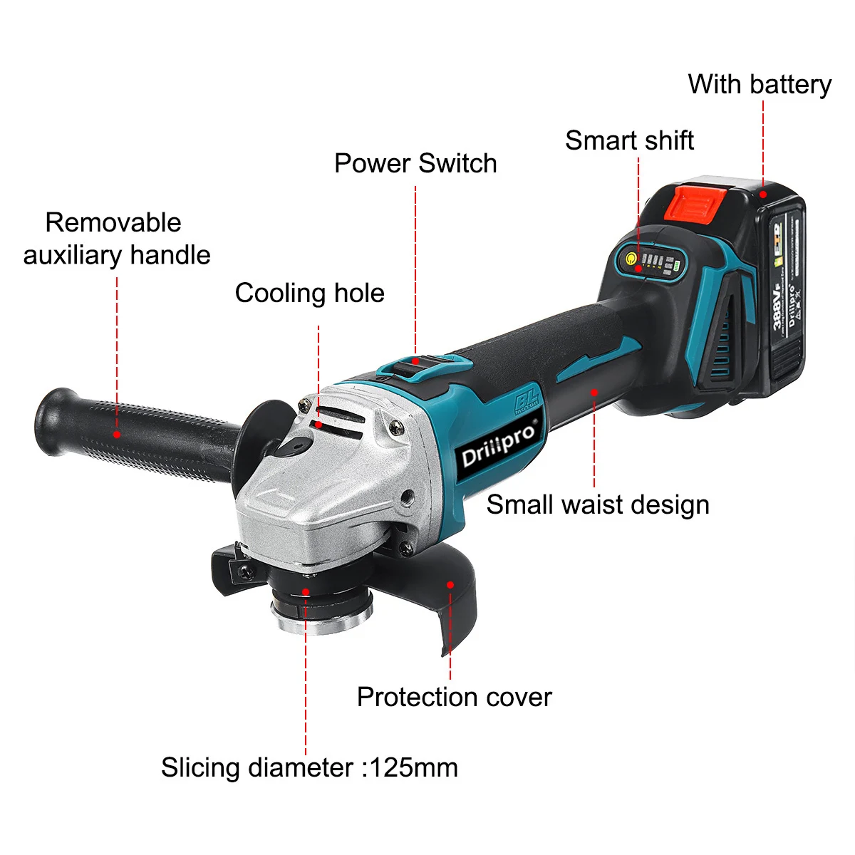 Drillpro 125MM Brushless Electric Angle Grinder 4 Speed Cutting Machine Power Tool +Lithium-Ion Battery For Makita 18V Battery