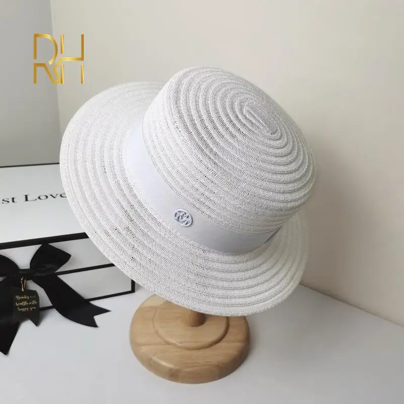 Anna Fashion Flat Top Boater Straw Hat Summer Female M Letter Top Vacation Breathable Party White Socialite Hat