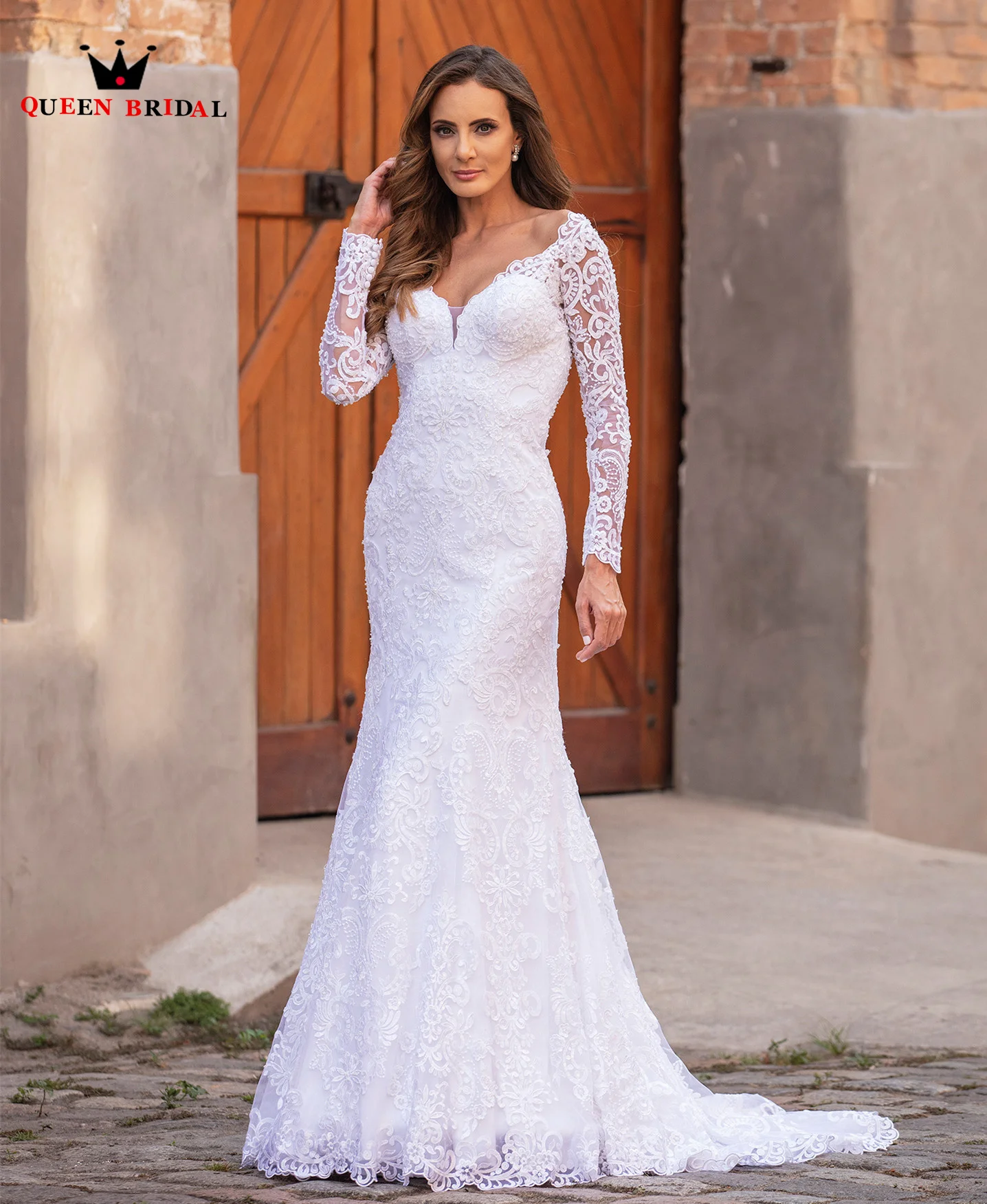 Vestido de noiva sensual estilo sereia, manga longa, com pérolas e cristais, em tule, novo design, tamanho personalizado, bc17