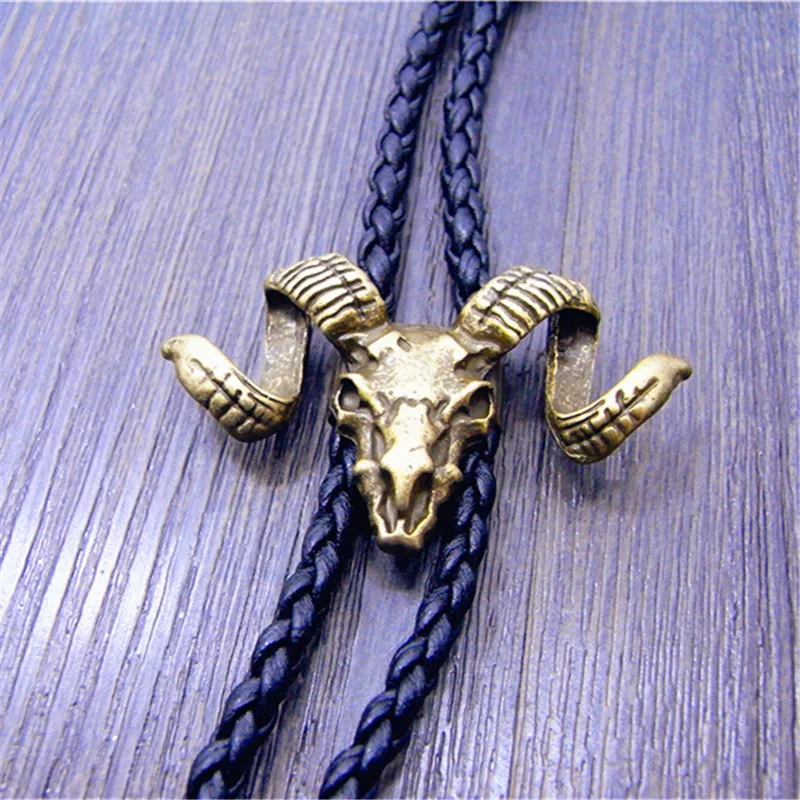 Bolo tie New Retro Shirt Chain Sheep Head  Collar Leather Necklace Long tie Pendant