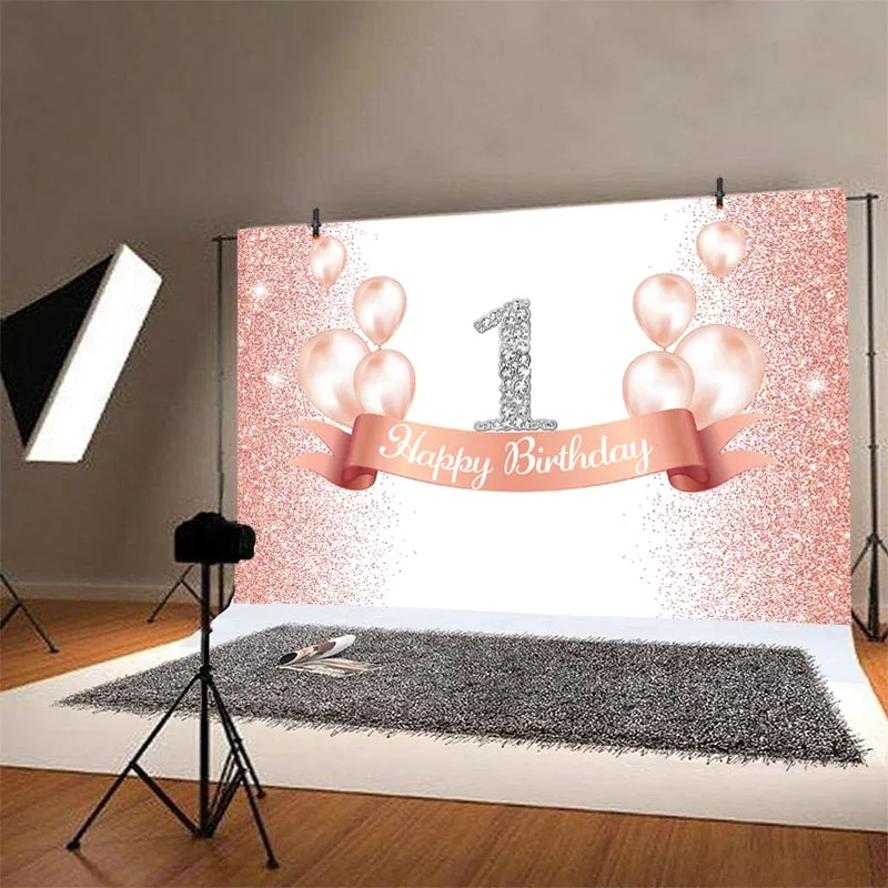 Ouro rosa 1th fotografia pano de fundo coroa chá de fraldas recém-nascidos meninas festa de aniversário personalizado foto fundo decoração banner