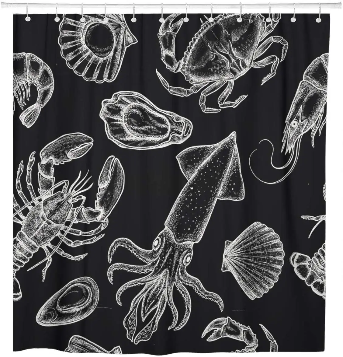 Sea Food in Detailed Sketchy Engraving Vintage Lobster Mussel Shower Curtain Waterproof Polyester Fabric 72 x 78 Inches Set