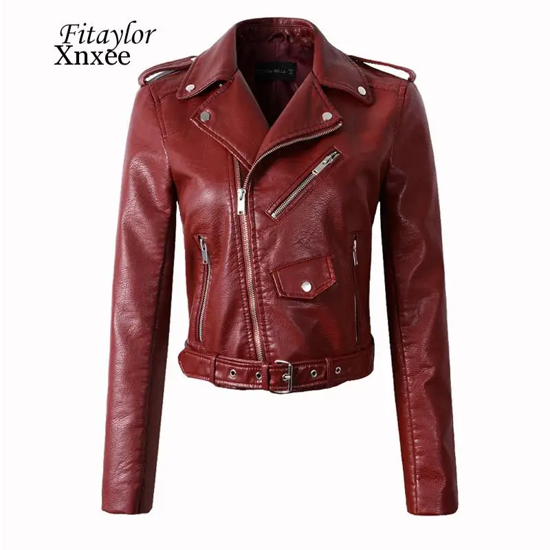 

Fitaylor Women Wine Red Faux Leather Jackets Lady Pu Leather Jacket Bomber Motorcycle Biker Pink Black Outerwear with Belt