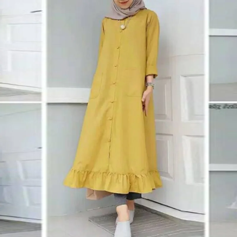 ผู้หญิงมุสลิมชุดเดรสแฟชั่นแขนยาว Ruffles ชุดลำลอง Maxi Vestidos Hijab ชุด Robe Eid Oversize เสื้อคลุม