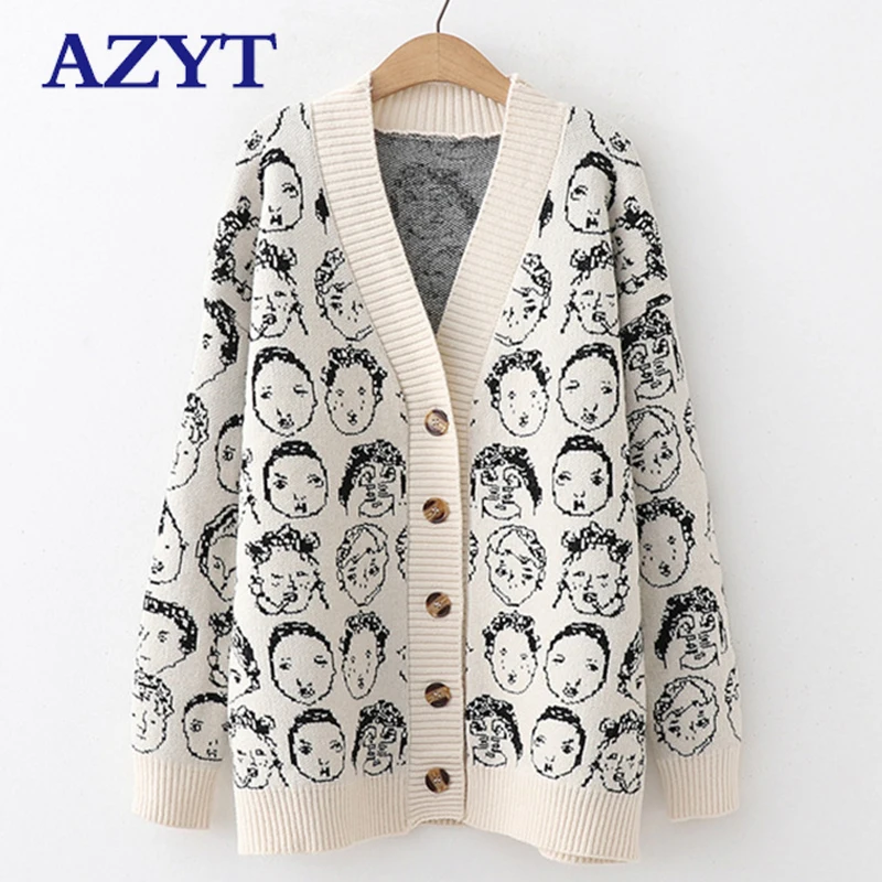 AZYT 2023 Autumn Winter New Comic V neck Cardigan Female Jacket Knitwear Sweater Coat Casual Knit Pull Femme Sweater For Women