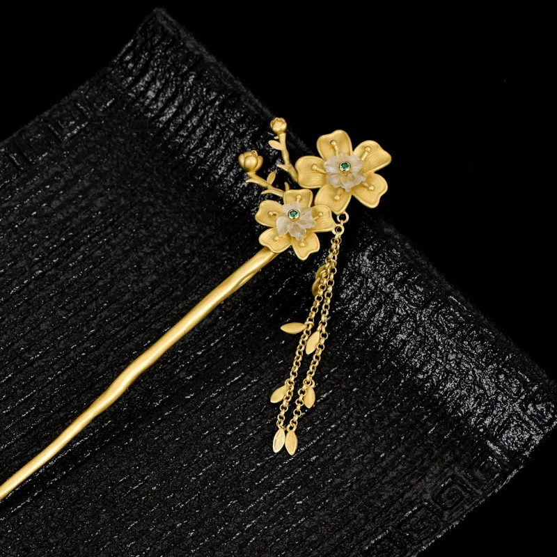 MIQIAO New Cherry Blossom Hair Accesories Sticks 925 Sterling Silver Golden Hanfu Women Jewelry Female Wedding For Tying Hair