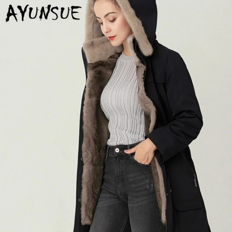 

AYUNSUE Real Fur Coat Women Mink Fur Collar Hooded Rex Rabbit Fur Coat Winter Coat Women Real Fur Warm Parka TJ-S-3188 YY1571