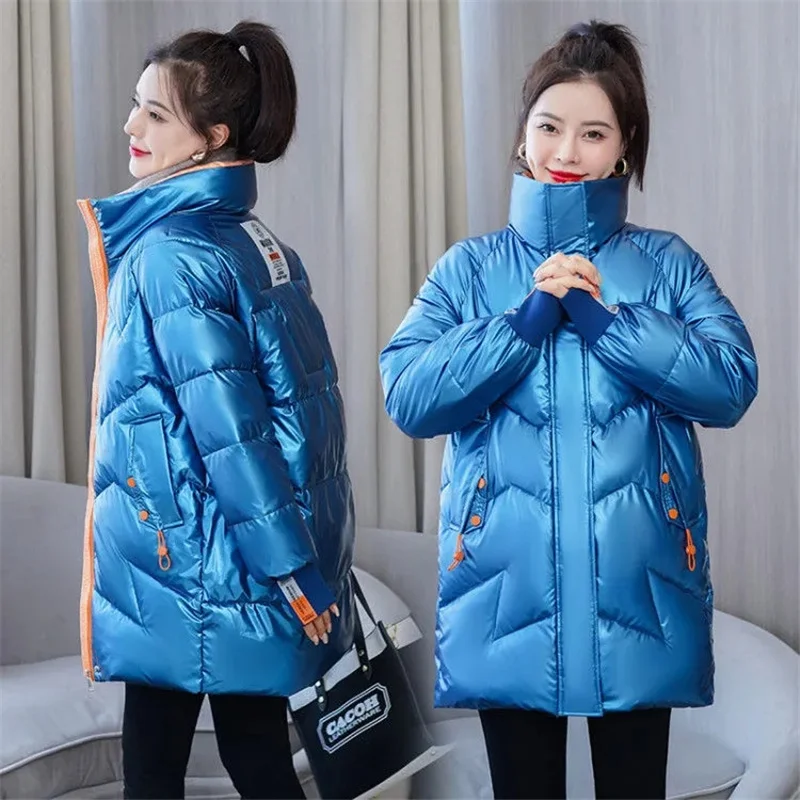 

Pop Winter Jacket Parkas Women Glossy Down Cotton Jacket Women Parka Warm Female Cotton Padded Jacket Casual Outwear Overcoat