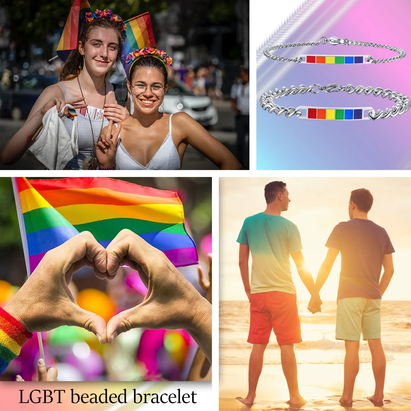 Vnox Rainbow Color LGBTQ Pride Bracelets for Women Men Jewelry, Stainless Steel Rainbow Pride Parade Wristband Accessory