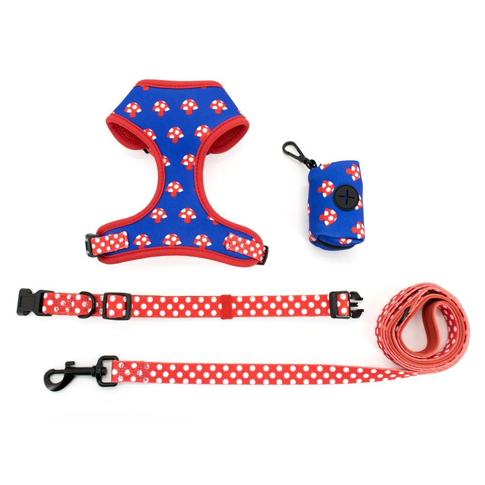 Collarlogo Adjustable Pet Dog Collar Durable Soft Cute Creative Mushroom Design Leash Neoprene Harness Poop Bag Dispenser