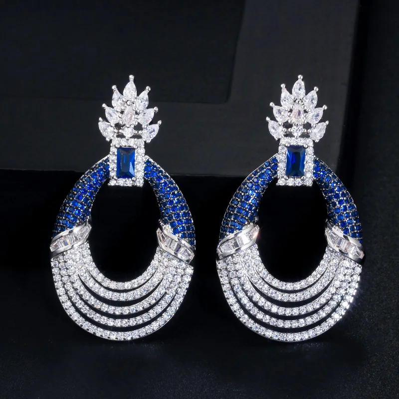 CWWZircons Hundreds Zirconia Paved Designer Multi Layer Green Blue CZ Long Round Drop Luxury Wedding Earrings for Women CZ602