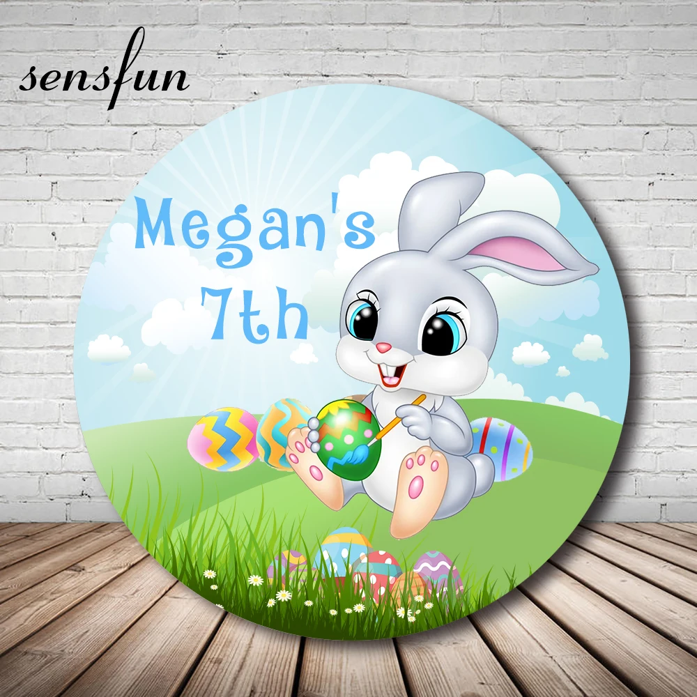 Cute Rabbit Round Circle Photography Backgrounds For Photo Studio Green Grass Easter Egg Girls Birthday Backdorps Customized