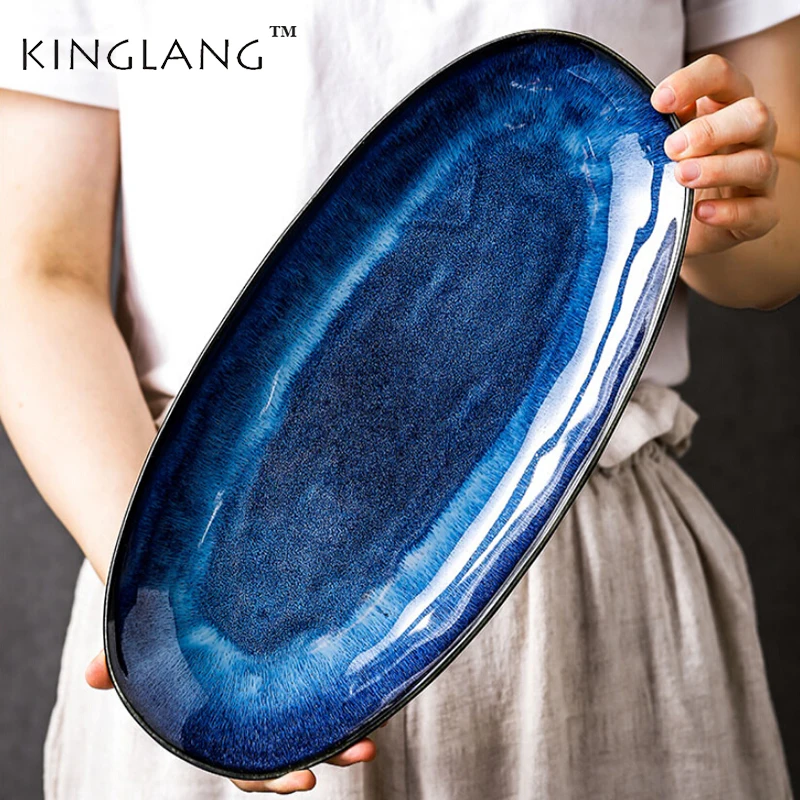 KINGLANG Japanese style kiln cat eye blue fish plate household steamed fish plate large glaze color creative sushi plate