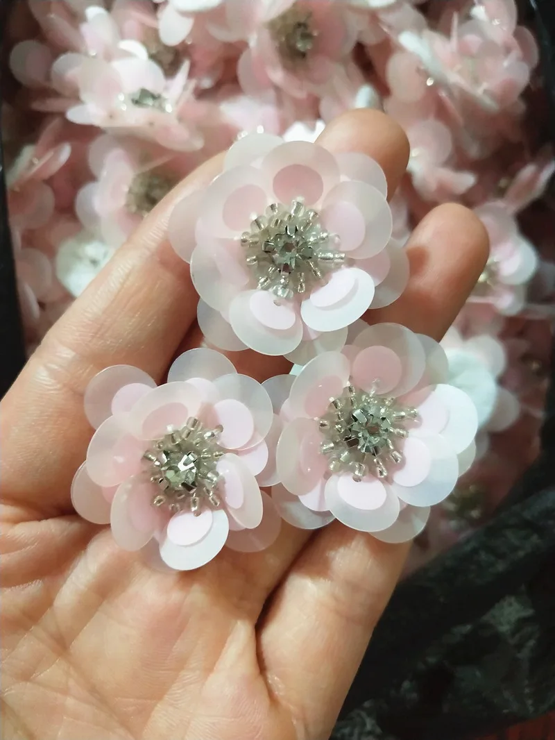 10pcs/lot Sequin Flowers 30mm Handmade Sewing Flat Back Patches DIY Wedding Crafts Shoes Bags Garment Accessory Matte Light Pink